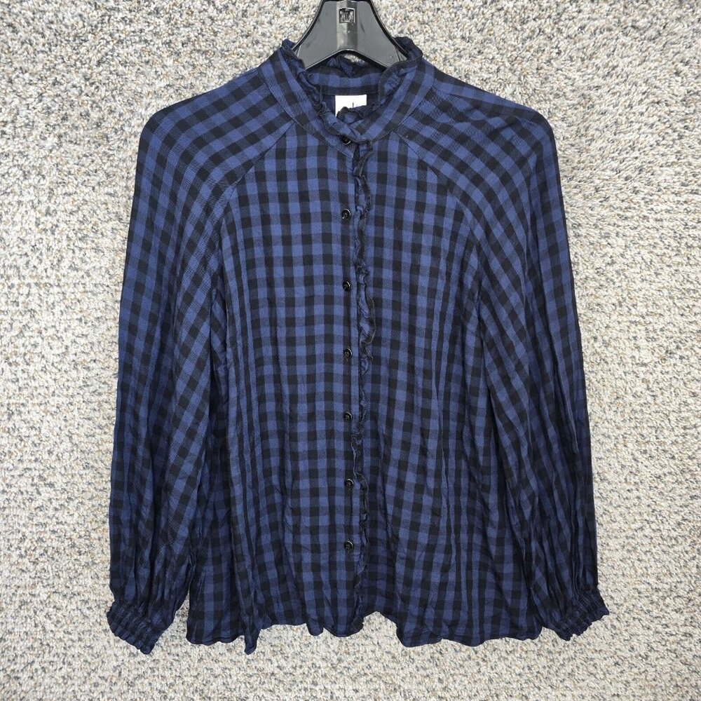 Cabi‎ Top Womens Small Blue Check Button Up Blouse Ruffle Neck Style 3961 Ladies